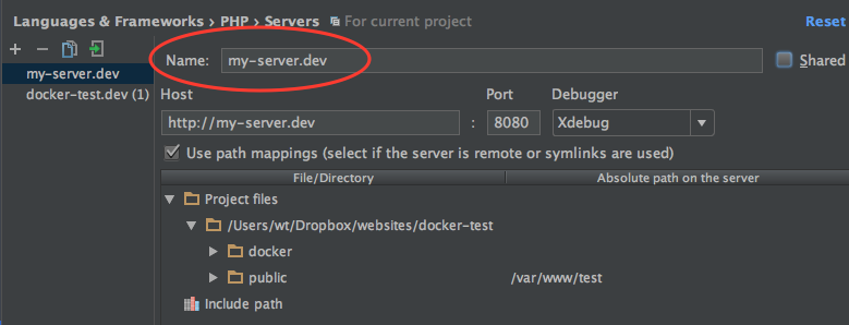 PhpStorm - configuring the server name